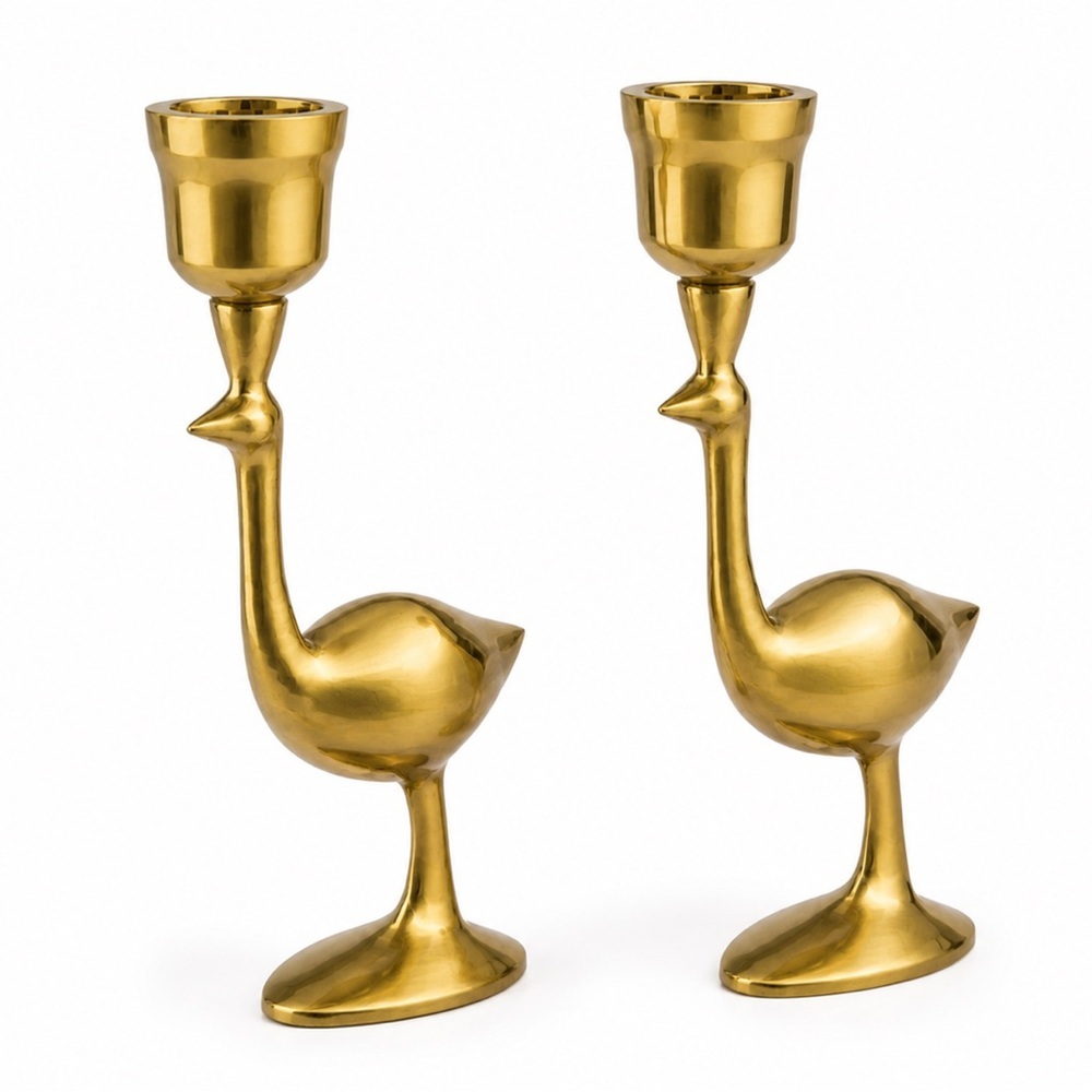 Jonathan Adler Ostrich Solid Brass Candle Holder Set of 2 Bird Contemporary